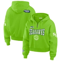 Women's WEAR by Erin Andrews Neon Green Seattle Seahawks Patch Quarter-Zip Pullover Hoodie