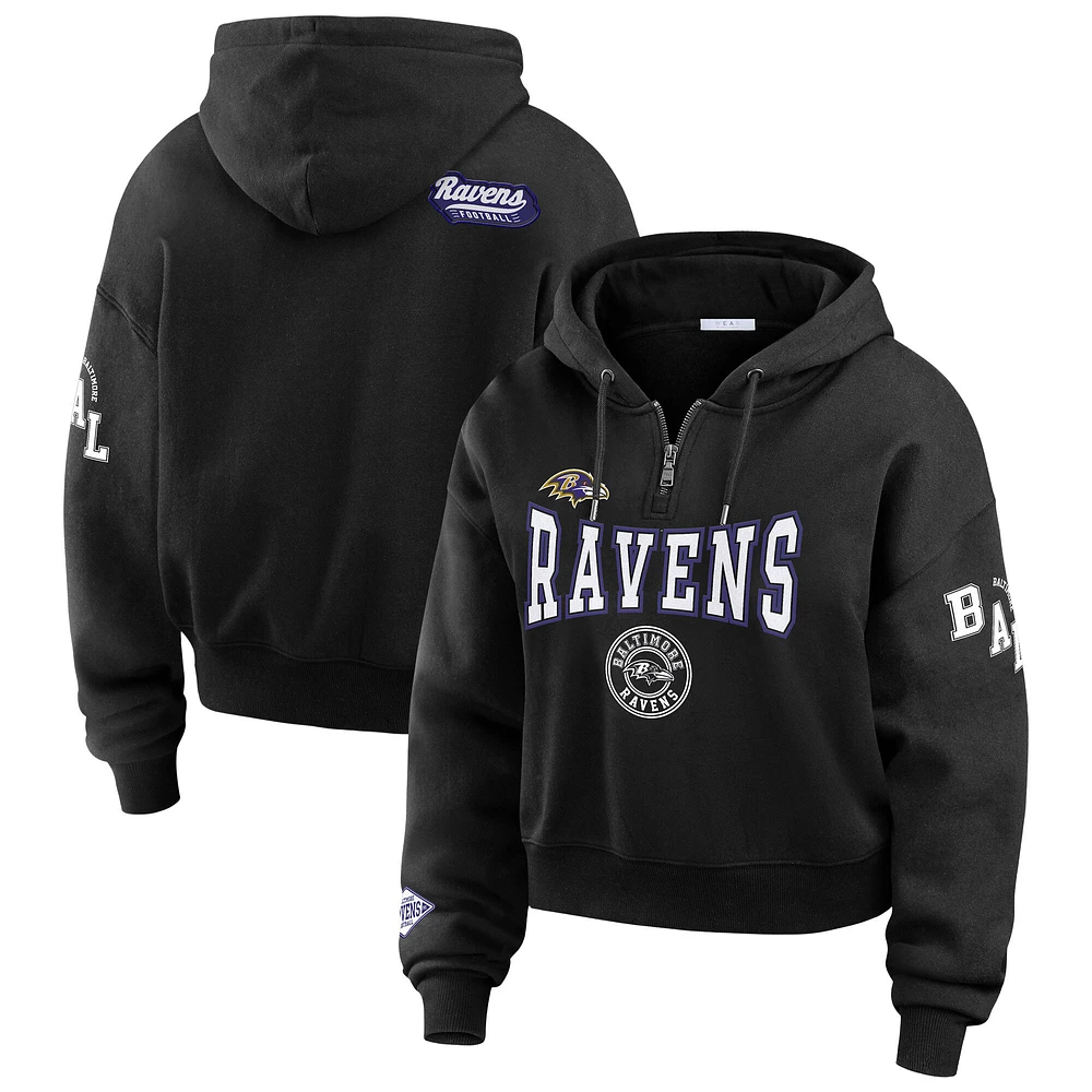 Women's WEAR by Erin Andrews Black Baltimore Ravens Patch Quarter-Zip Pullover Hoodie