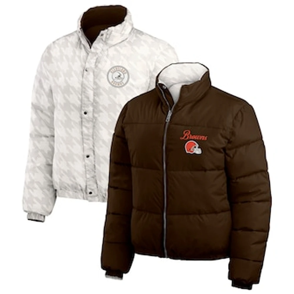 Women's WEAR by Erin Andrews  Brown/White Cleveland Browns Reversible Cropped Full-Zip Puffer Jacket