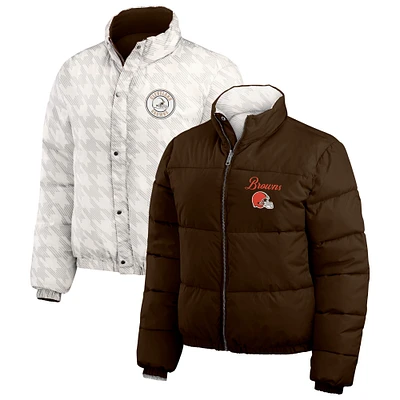 Women's WEAR by Erin Andrews  Brown/White Cleveland Browns Reversible Cropped Full-Zip Puffer Jacket