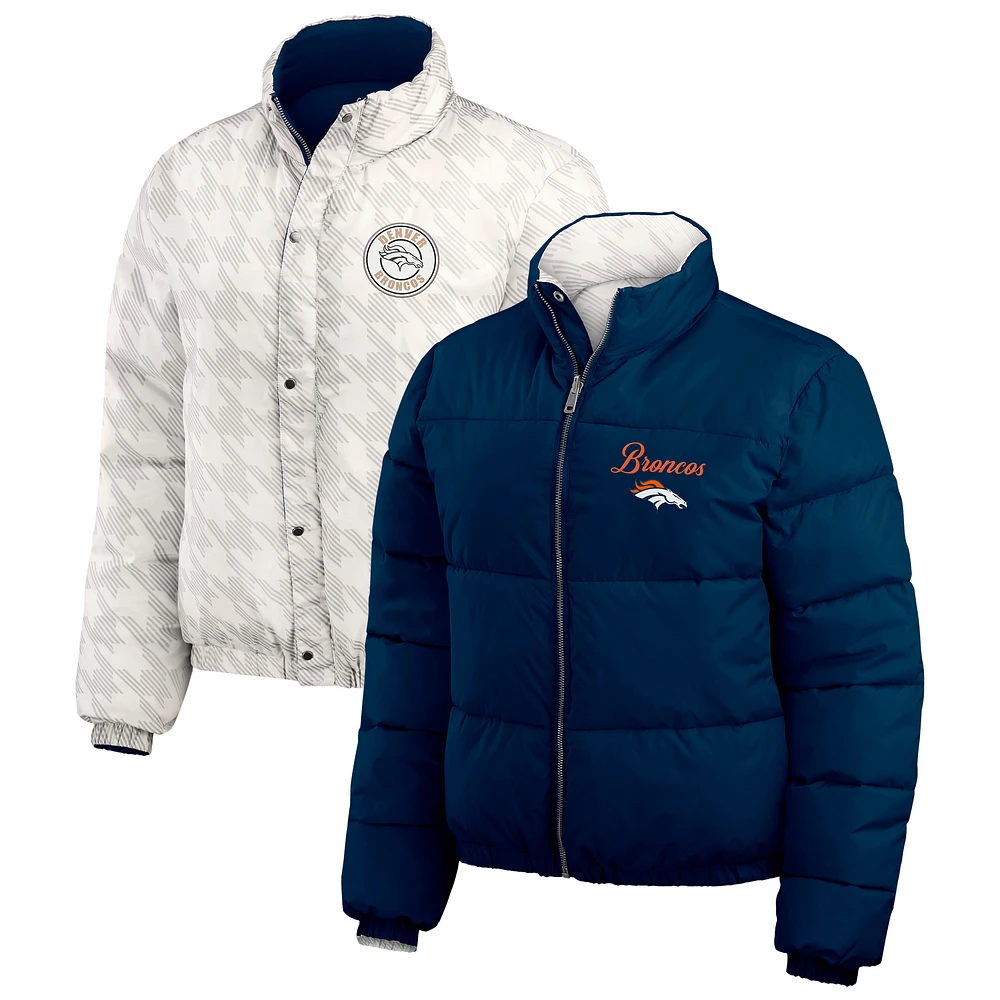 Women's WEAR by Erin Andrews  Navy/White Denver Broncos Reversible Cropped Full-Zip Puffer Jacket