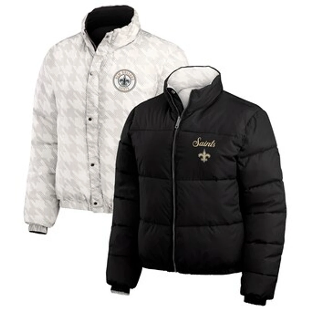 Women's WEAR by Erin Andrews  Black/White New Orleans Saints Reversible Cropped Full-Zip Puffer Jacket