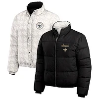 Women's WEAR by Erin Andrews  Black/White New Orleans Saints Reversible Cropped Full-Zip Puffer Jacket