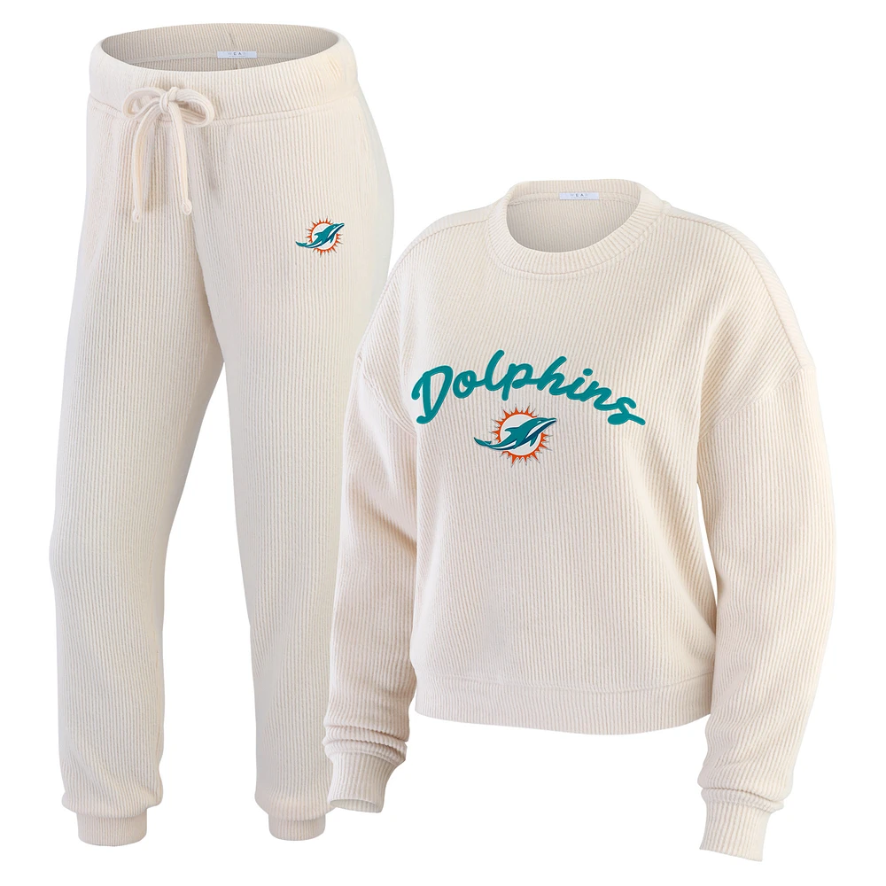 Women's WEAR by Erin Andrews  Oatmeal Miami Dolphins Rib-Knit Long Sleeve T-Shirt & Pants Lounge Set