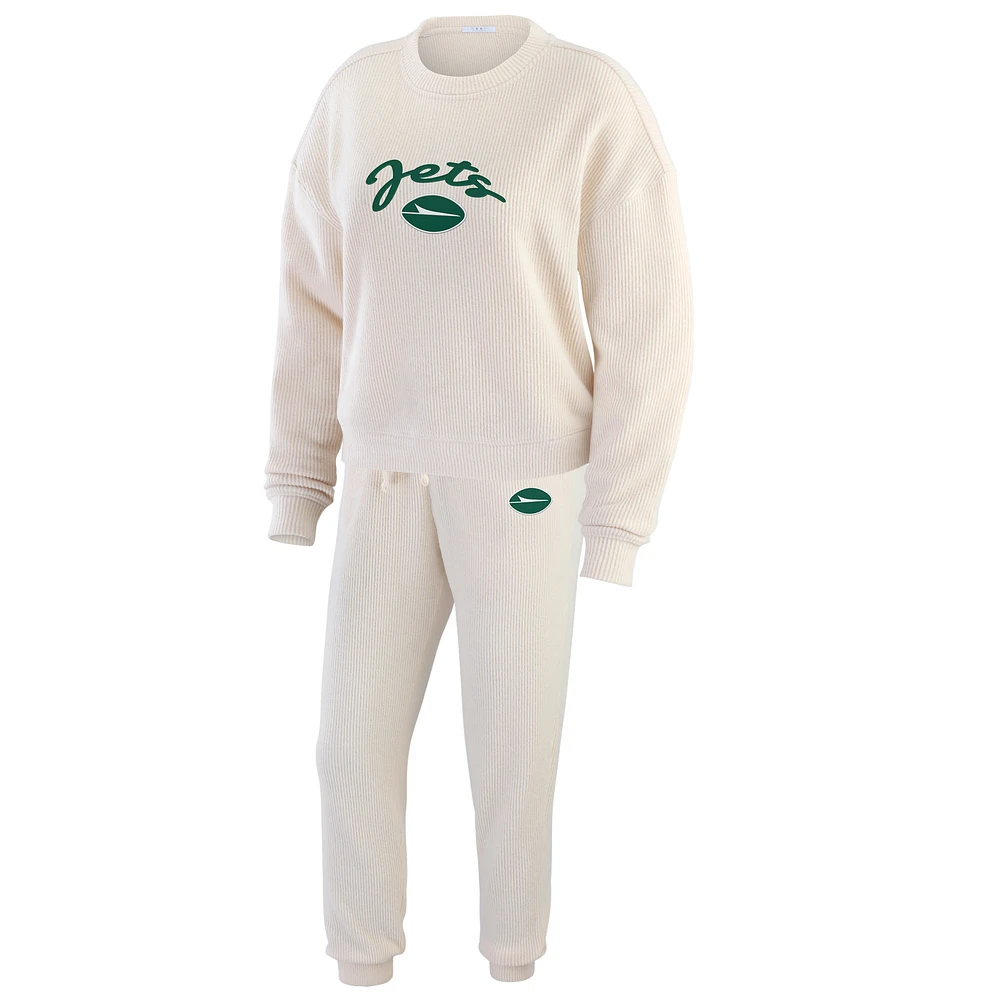 Women's WEAR by Erin Andrews  Oatmeal New York Jets Rib-Knit Long Sleeve T-Shirt & Pants Lounge Set