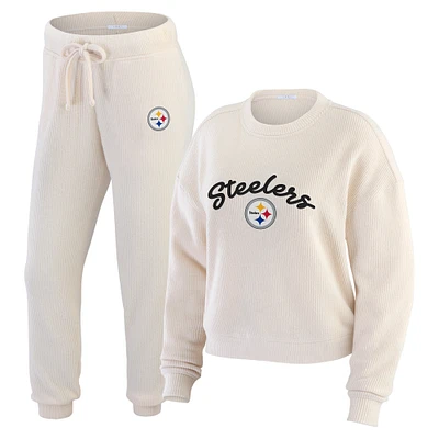 Women's WEAR by Erin Andrews  Oatmeal Pittsburgh Steelers Rib-Knit Long Sleeve T-Shirt & Pants Lounge Set