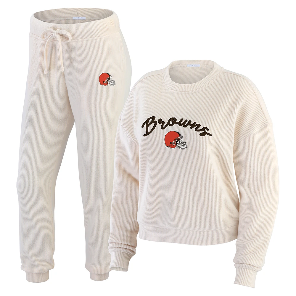 Women's WEAR by Erin Andrews  Oatmeal Cleveland Browns Rib-Knit Long Sleeve T-Shirt & Pants Lounge Set