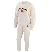 Women's WEAR by Erin Andrews  Oatmeal Cleveland Browns Rib-Knit Long Sleeve T-Shirt & Pants Lounge Set