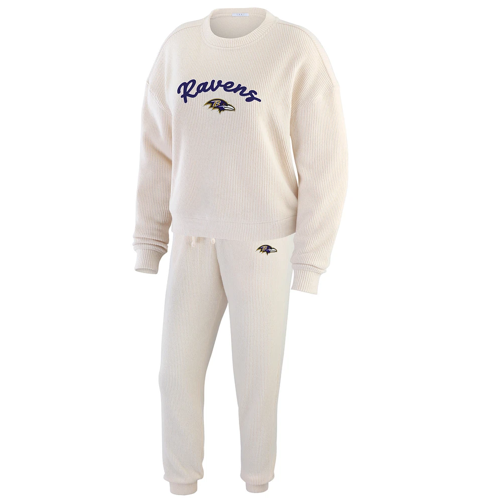 Women's WEAR by Erin Andrews  Oatmeal Baltimore Ravens Rib-Knit Long Sleeve T-Shirt & Pants Lounge Set