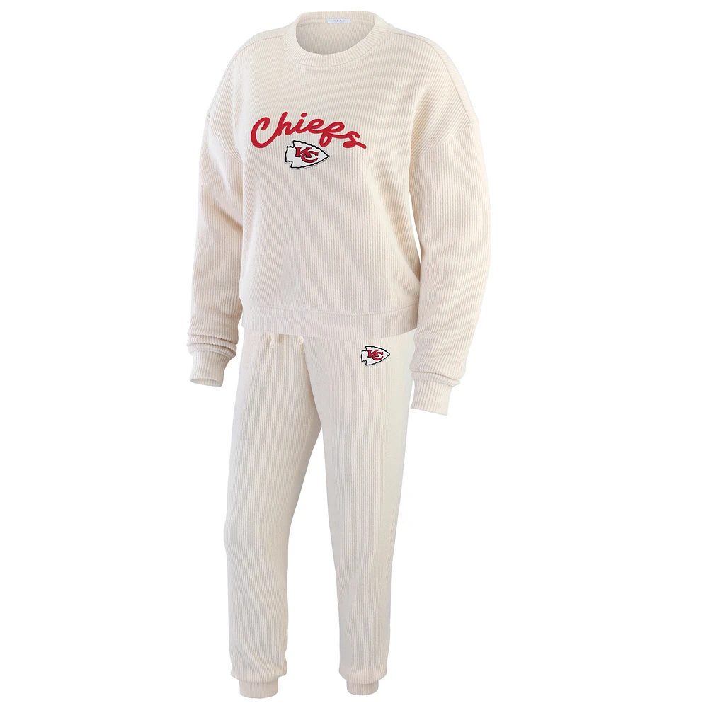 Women's WEAR by Erin Andrews  Oatmeal Kansas City Chiefs Plus Rib-Knit Long Sleeve T-Shirt & Pants Lounge Set