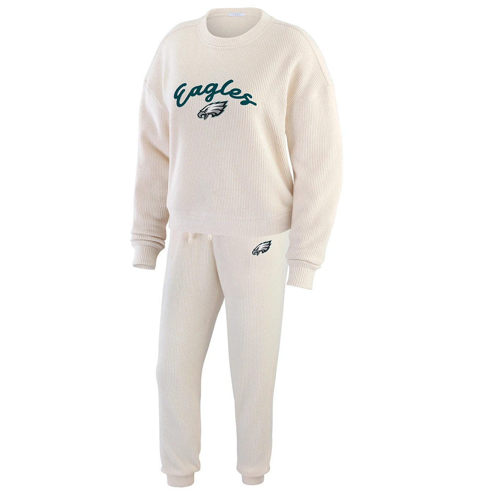 Women's WEAR by Erin Andrews  Oatmeal Philadelphia Eagles Plus Rib-Knit Long Sleeve T-Shirt & Pants Lounge Set