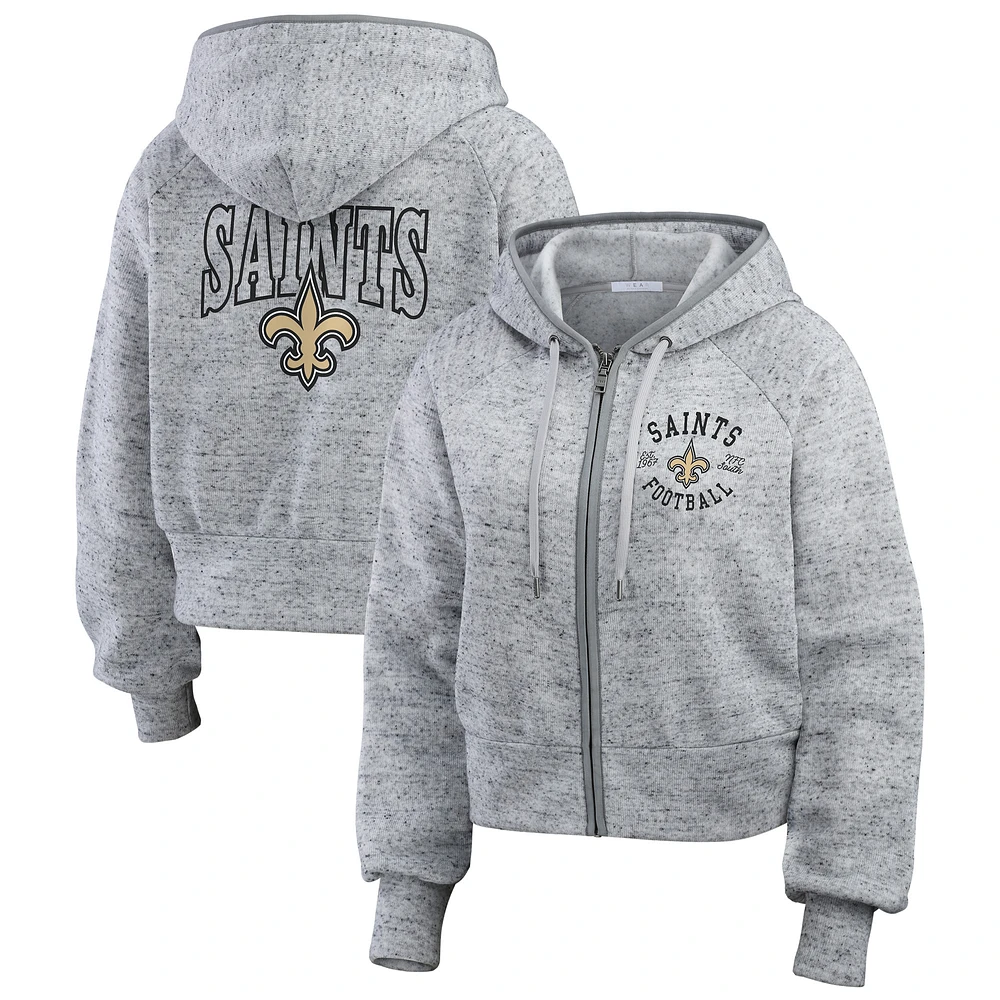 Women's WEAR by Erin Andrews  Heather Gray New Orleans Saints Speckled Fleece Cropped Full-Zip Hoodie