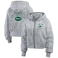 Women's WEAR by Erin Andrews  Heather Gray New York Jets Speckled Fleece Cropped Full-Zip Hoodie