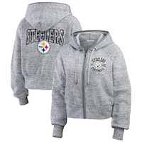 Women's WEAR by Erin Andrews  Heather Gray Pittsburgh Steelers Speckled Fleece Cropped Full-Zip Hoodie