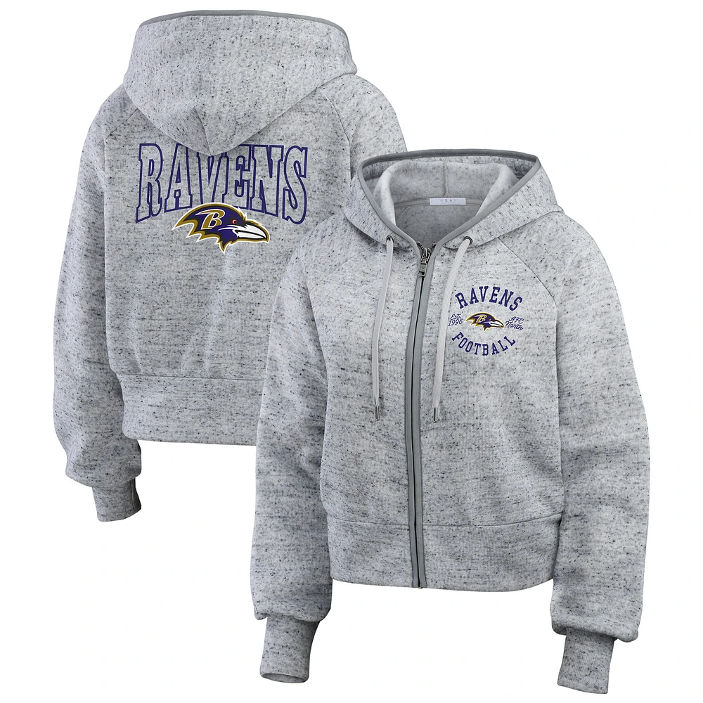 Women's WEAR by Erin Andrews  Heather Gray Baltimore Ravens Speckled Fleece Cropped Full-Zip Hoodie