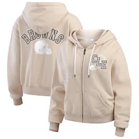 Women's WEAR by Erin Andrews Oatmeal Cleveland Browns Tonal Full-Zip Hoodie