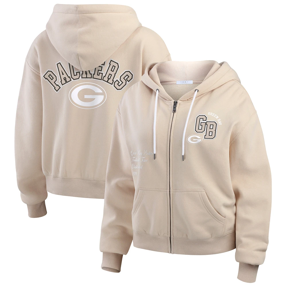 Women's WEAR by Erin Andrews Oatmeal Green Bay Packers Tonal Full-Zip Hoodie