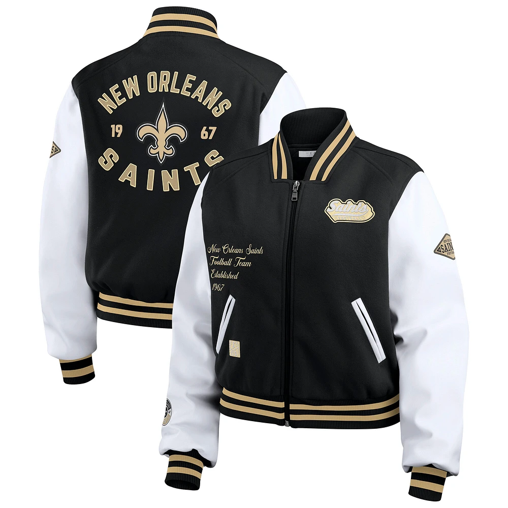 Women's WEAR by Erin Andrews  Black/White New Orleans Saints Varsity Full-Zip Jacket