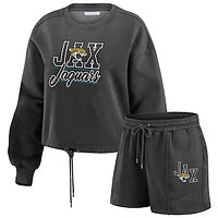 Women's WEAR by Erin Andrews Black Jacksonville Jaguars Washed Fleece Long Sleeve T-Shirt & Shorts Lounge Set