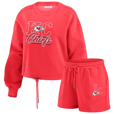 Women's WEAR by Erin Andrews Red Kansas City Chiefs Washed Fleece Long Sleeve T-Shirt & Shorts Lounge Set