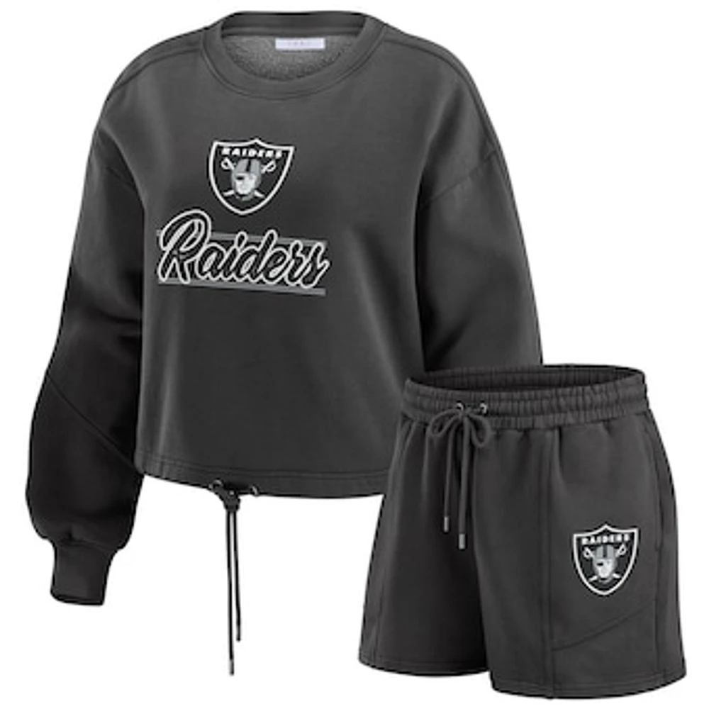 Women's WEAR by Erin Andrews Black Las Vegas Raiders Washed Fleece Long Sleeve T-Shirt & Shorts Lounge Set