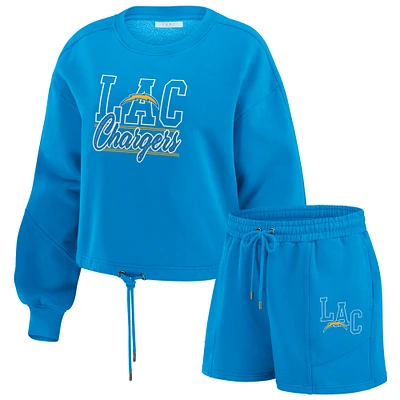 Women's WEAR by Erin Andrews Powder Blue Los Angeles Chargers Washed Fleece Long Sleeve T-Shirt & Shorts Lounge Set