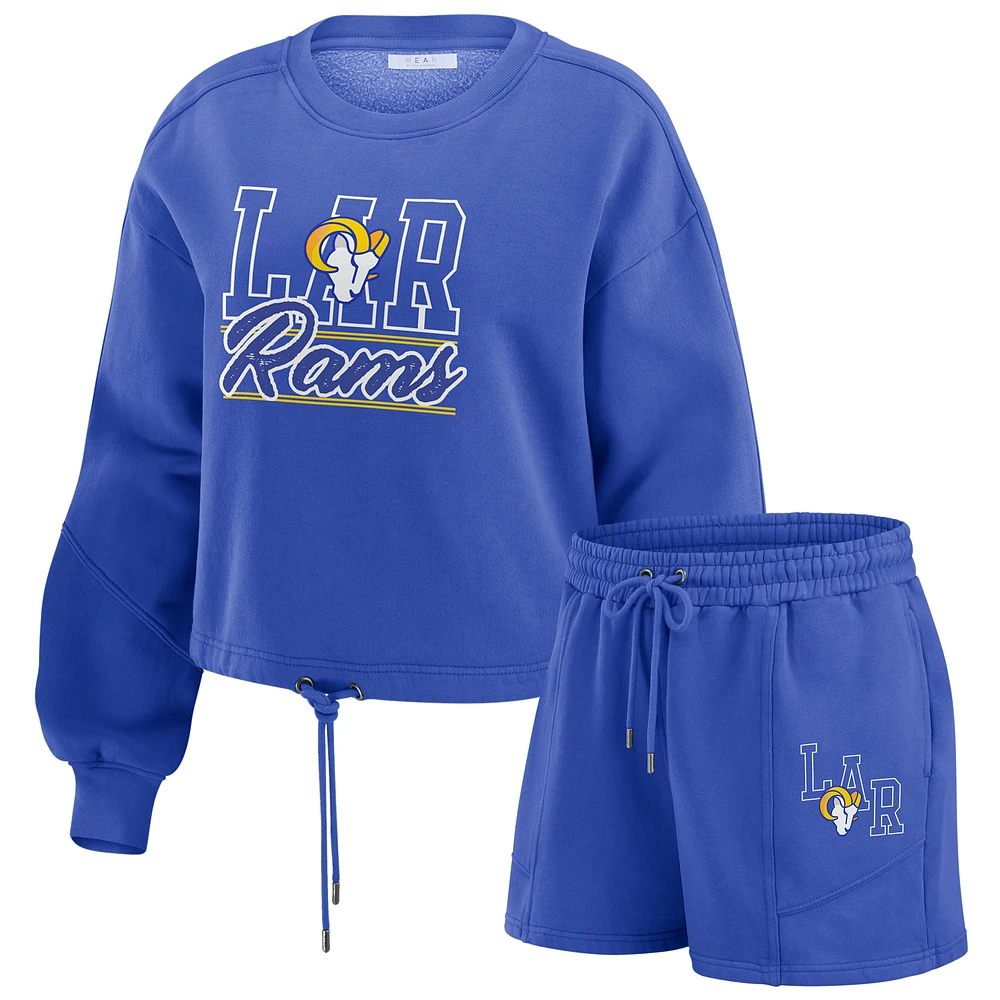 Women's WEAR by Erin Andrews Royal Los Angeles Rams Washed Fleece Long Sleeve T-Shirt & Shorts Lounge Set