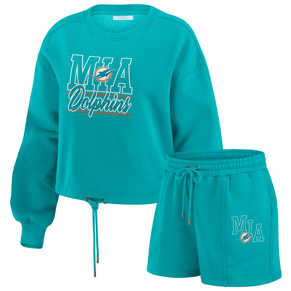 Women's WEAR by Erin Andrews Aqua Miami Dolphins Washed Fleece Long Sleeve T-Shirt & Shorts Lounge Set