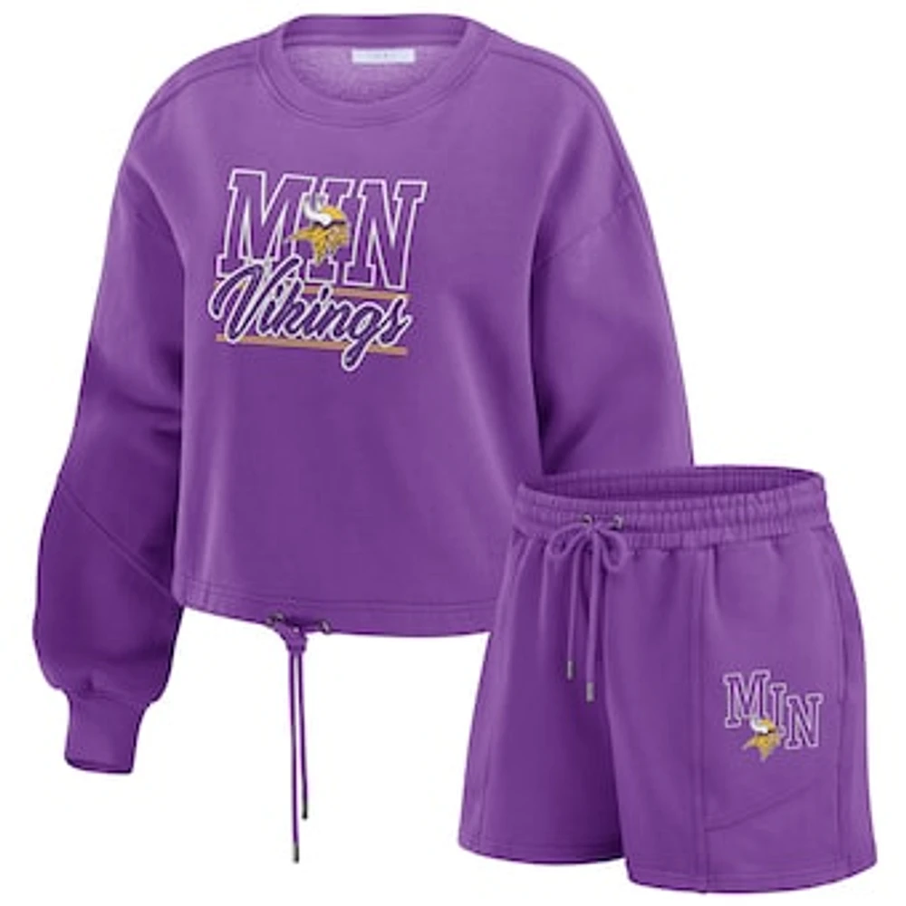 Women's WEAR by Erin Andrews Purple Minnesota Vikings Washed Fleece Long Sleeve T-Shirt & Shorts Lounge Set