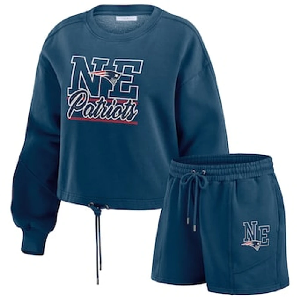 Women's WEAR by Erin Andrews Navy New England Patriots Washed Fleece Long Sleeve T-Shirt & Shorts Lounge Set