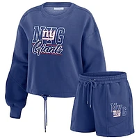 Women's WEAR by Erin Andrews Royal New York Giants Washed Fleece Long Sleeve T-Shirt & Shorts Lounge Set