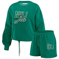 Women's WEAR by Erin Andrews Green New York Jets Washed Fleece Long Sleeve T-Shirt & Shorts Lounge Set