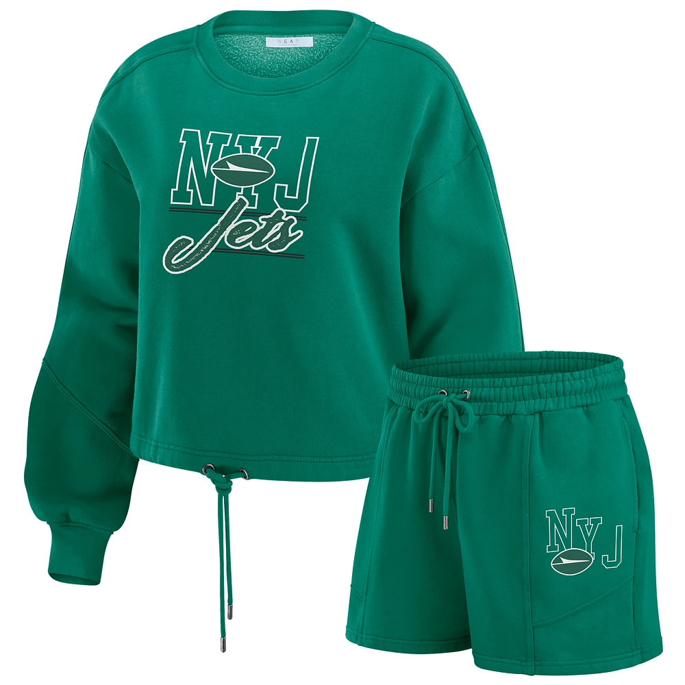 Women's WEAR by Erin Andrews Green New York Jets Washed Fleece Long Sleeve T-Shirt & Shorts Lounge Set