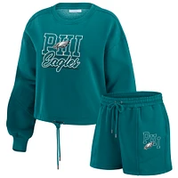 Women's WEAR by Erin Andrews Midnight Green Philadelphia Eagles Washed Fleece Long Sleeve T-Shirt & Shorts Lounge Set