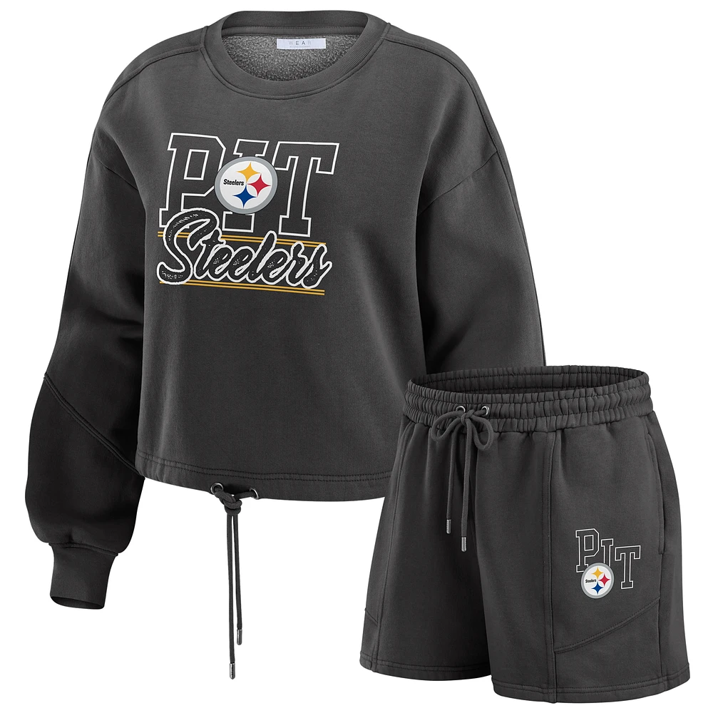 Women's WEAR by Erin Andrews Black Pittsburgh Steelers Washed Fleece Long Sleeve T-Shirt & Shorts Lounge Set