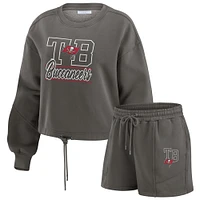 Women's WEAR by Erin Andrews Pewter Tampa Bay Buccaneers Washed Fleece Long Sleeve T-Shirt & Shorts Lounge Set