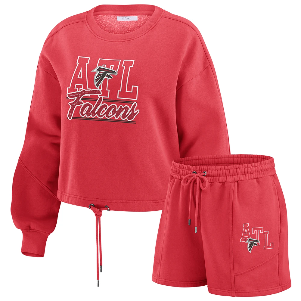 Women's WEAR by Erin Andrews Red Atlanta Falcons Washed Fleece Long Sleeve T-Shirt & Shorts Lounge Set