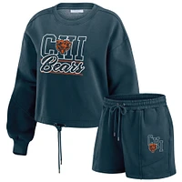 Women's WEAR by Erin Andrews Navy Chicago Bears Washed Fleece Long Sleeve T-Shirt & Shorts Lounge Set