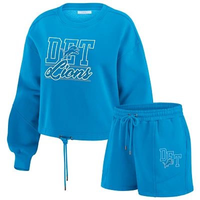 Women's WEAR by Erin Andrews Blue Detroit Lions Washed Fleece Long Sleeve T-Shirt & Shorts Lounge Set