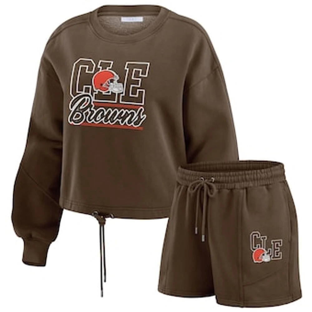 Women's WEAR by Erin Andrews Brown Cleveland Browns Washed Fleece Long Sleeve T-Shirt & Shorts Lounge Set