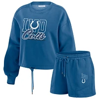 Women's WEAR by Erin Andrews Royal Indianapolis Colts Washed Fleece Long Sleeve T-Shirt & Shorts Lounge Set