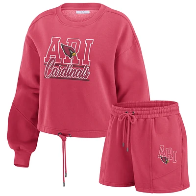 Women's WEAR by Erin Andrews Cardinal Arizona Cardinals Washed Fleece Long Sleeve T-Shirt & Shorts Lounge Set