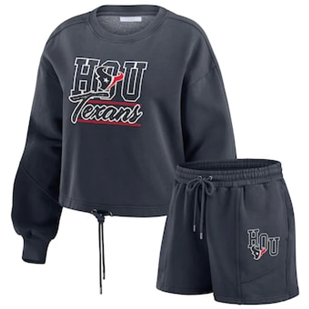 Women's WEAR by Erin Andrews Navy Houston Texans Washed Fleece Long Sleeve T-Shirt & Shorts Lounge Set