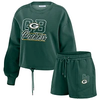 Women's WEAR by Erin Andrews Green Bay Packers Washed Fleece Long Sleeve T-Shirt & Shorts Lounge Set