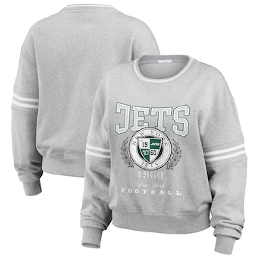 Women's WEAR by Erin Andrews Heather Gray New York Jets Crest Cropped Pullover Sweatshirt