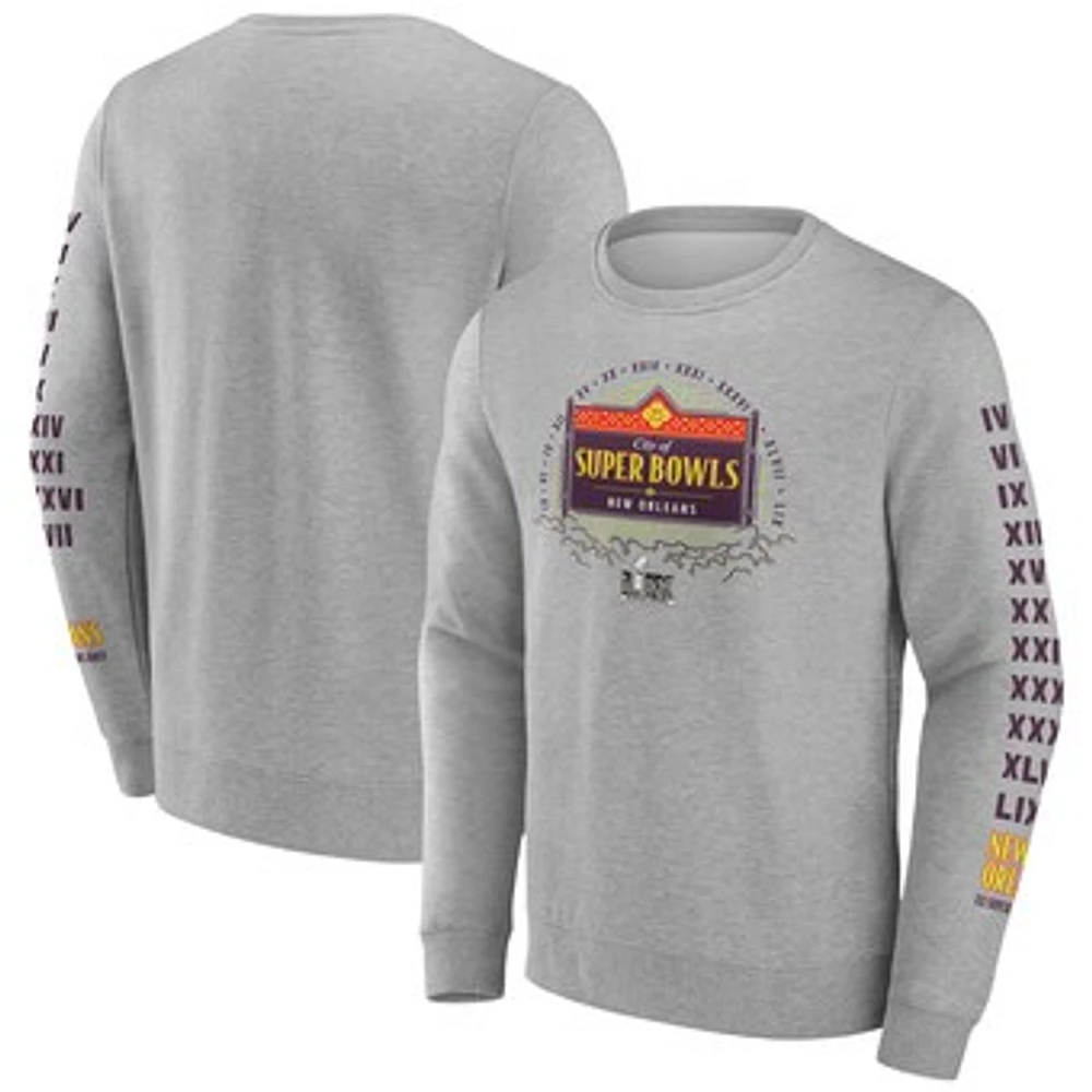 Men's Fanatics Heather Gray Super Bowl LIX Marble Wordmark Fleece Crew Sweatshirt