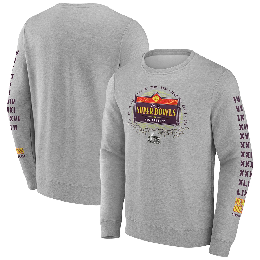 Men's Fanatics Heather Gray Super Bowl LIX Marble Wordmark Fleece Crew Sweatshirt