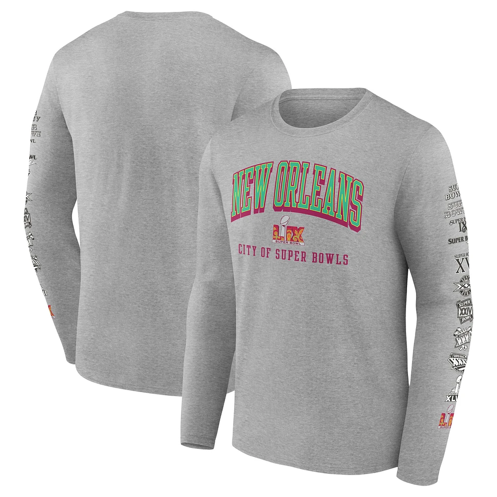 Men's Fanatics Heather Gray Super Bowl LIX Host History  Long Sleeve T-Shirt