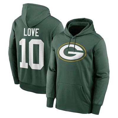 Men's Nike Jordan Love Green Bay Packers Player Name & Number Performance Pullover Hoodie