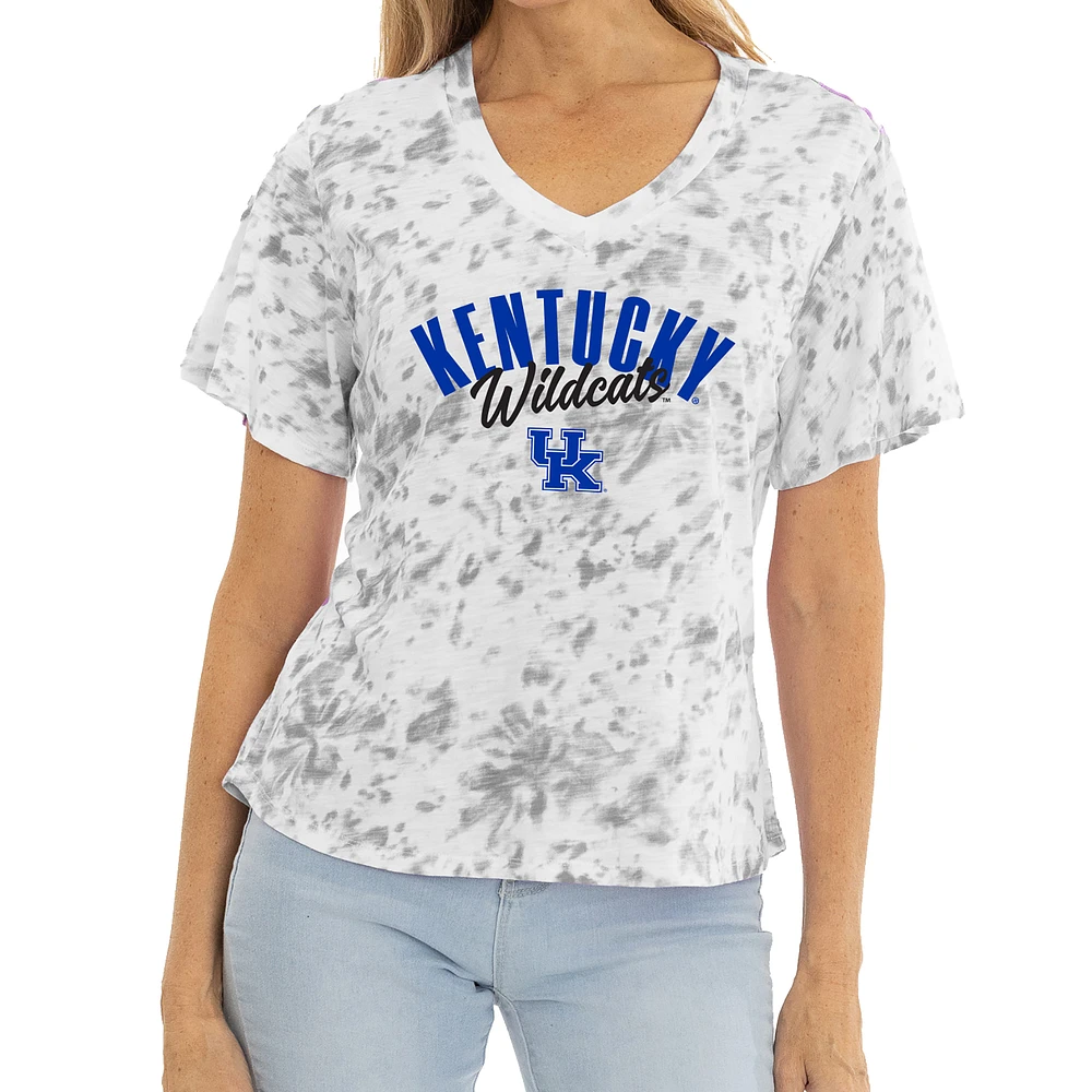 Women's White/Gray Kentucky Wildcats Faye Tie-Dye V-Neck T-Shirt